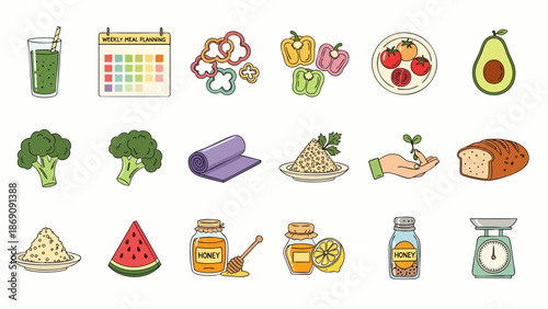Healthy Eating and Wellness Icons Set: Fresh Food, Meal Planning, Exercise, and Natural Ingredients for a Balanced Lifestyle