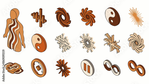 Retro 70s isometric 3D icon set with abstract shapes, human anatomy, spiritual Yin Yang, and tech elements in a warm, earthy color palette.
