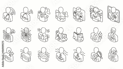 Abstract Human Concepts Isometric Line Icons. Diverse vector outline symbols illustrating human experiences, emotions, health, technology, and environment.