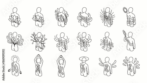 Collection of minimalist line art illustrations featuring abstract human forms intertwined with organic elements, representing growth, spirituality, and inner strength.