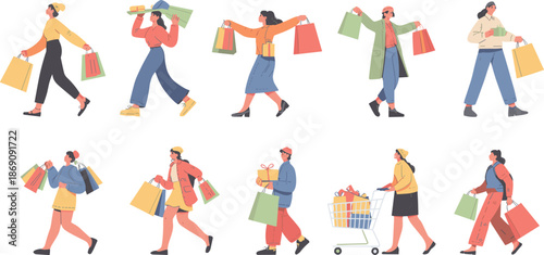 Happy shoppers illustration, people carrying shopping bags, gift purchases, retail sale season, consumer lifestyle, holiday shopping characters set collection scene
