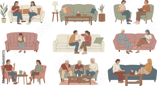 Illustration of people reading and talking on sofas, cozy living rooms, communication, mental wellness, counseling concept, comfortable home interior design