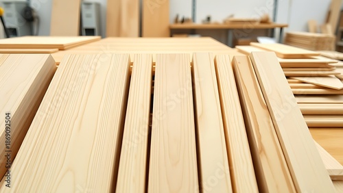 balsa. Neatly arranged precision-cut balsa wood pieces with natural textures in a workshop. safety posters, maintenance manuals, designed for precision metalworking and fabrication facilities.