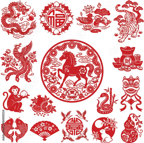 Chinese New Year 2026 Horse Round Paper Cut Emblem. Traditional zodiac circle badge with floral decoration and clouds