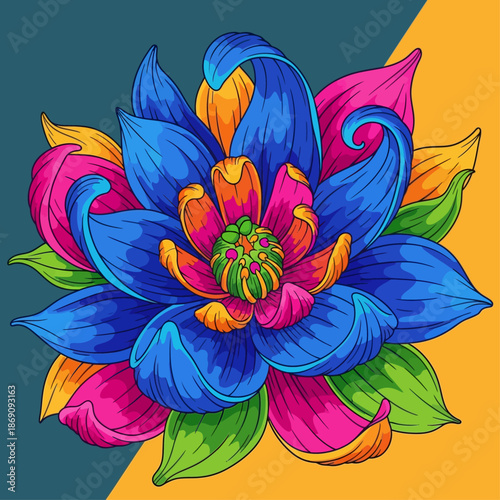 Highly Saturated Neon Floral Illustration with Blue and Pink Petals