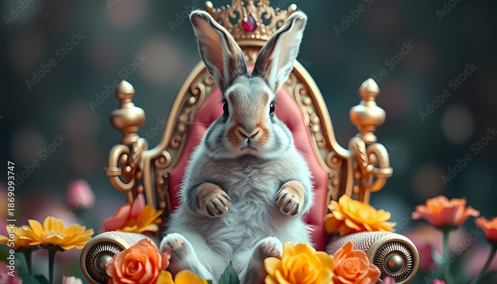 Fototapeta premium Rabbit sits on a decorative throne surrounded by colorful flowers in a whimsical setting during daytime