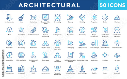 Architectural icons set with architectural, drawing, sketching, construction site, land development, and building information modeling icon. Simple outline color vector 
