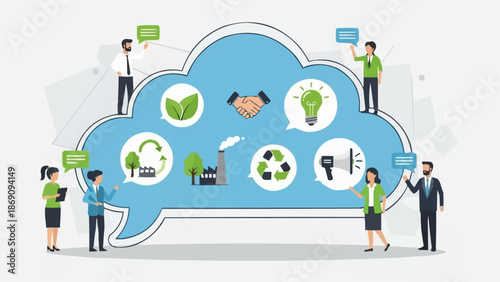 Business people collaborating on environmental sustainability ideas in a cloud.