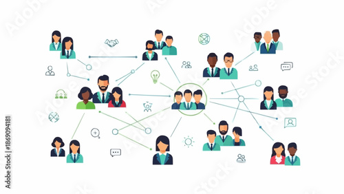 Diverse group of people connected in a network diagram.