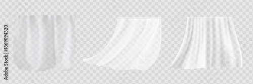 Set of realistic fluttering white cloths, soft lightweight clear material isolated on transparent background vector illustration