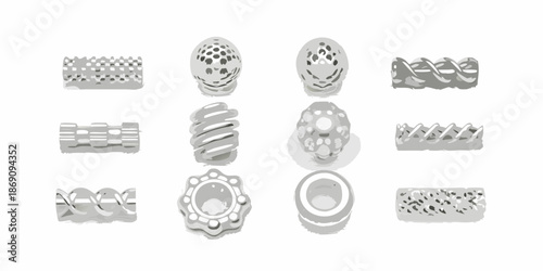 Assortment of various silver colored pasta shapes displayed in a grid arrangement