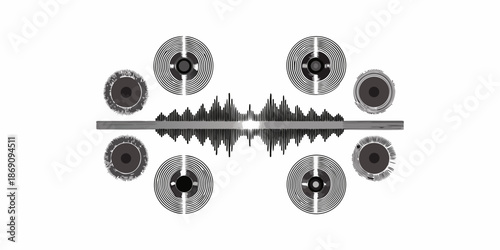 Abstract sound waves and circular patterns in a symmetrical black and white design