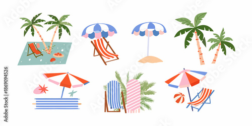 A colorful illustration showcasing beach elements like umbrellas chairs and palm trees