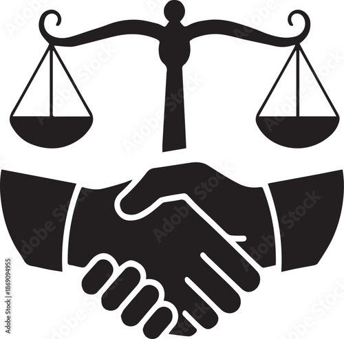 Professional Vector Graphic of Handshake and Scales of Justice Symbolizing Agreement and Balance