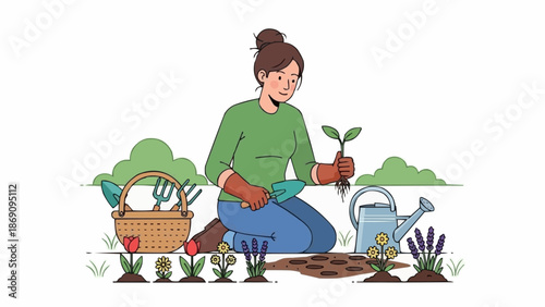 Woman planting seedling in garden with watering can and basket.