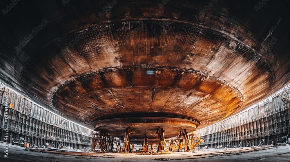 Obraz premium hydrologic. Massive steel caisson supported by jacks in an industrial dry dock setting. safety posters, maintenance manuals, designed for precision metalworking and fabrication facilities.