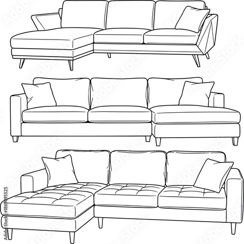 Sectional sofa, chaise lounge, tufted cushions, throw pillows, front view, side view, back view, furniture sketch, flat vector illustration