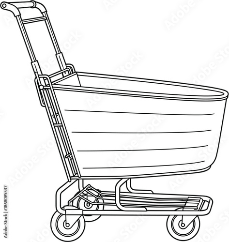 Shopping cart, retail trolley, basket design, handlebar, swivel wheels, lower rack, technical sketch, store equipment, flat vector illustration