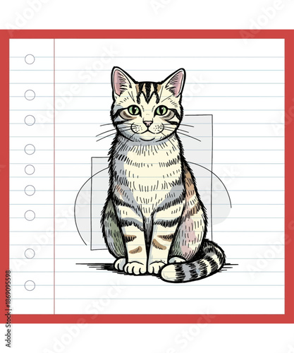 Adorable hand drawn tabby cat illustration sitting patiently on lined paper, perfect for children's book art or creative projects