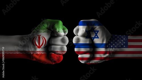 american flag with fist, Conceptual Clashing Fists Painted with Iran Israel and USA National Flags Representing Geopolitical Conflict