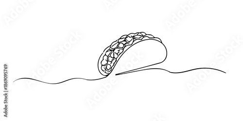 Hand drawn continuous line illustration of a taco. Minimalist single line style representing street food, Mexican cuisine, and modern food illustration.