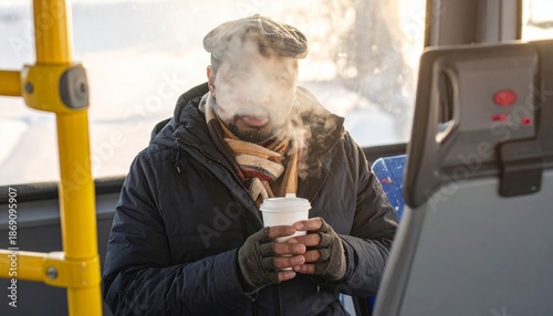 Man enjoying a hot beverage on a bus during winter.