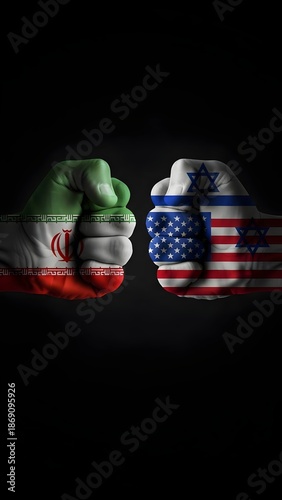 american flag with fist, Conceptual Clashing Fists Painted with Iran Israel and USA National Flags Representing Geopolitical Conflict