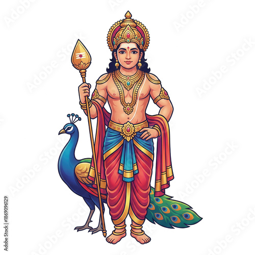 Hindu God Murugan Standing with a Spear and a Peacock religion Indian isolated on a transparent background
