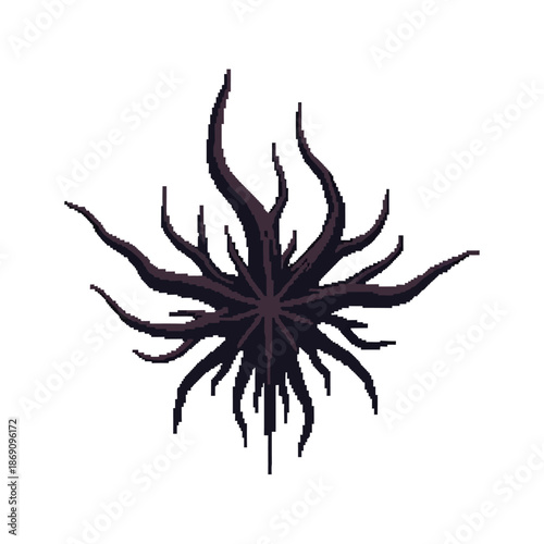 Dark abstract organic form illustration, a mysterious starburst of tendrils, an enigmatic deep-sea creature or otherworldly plant life, pixel art fantasy graphic element