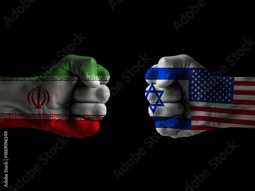 american flag with fist, Conceptual Clashing Fists Painted with Iran Israel and USA National Flags Representing Geopolitical Conflict