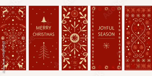 Festive red christmas banners with deer trees and joyful seasonal greetings