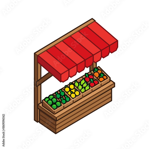 Isometric Fruit and Vegetable Stand with Red Awning