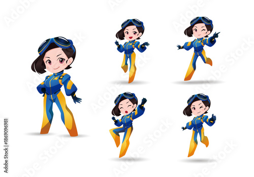 Cute chibi female pilot mascot character set in blue and yellow jumpsuit, five poses, isolated on white