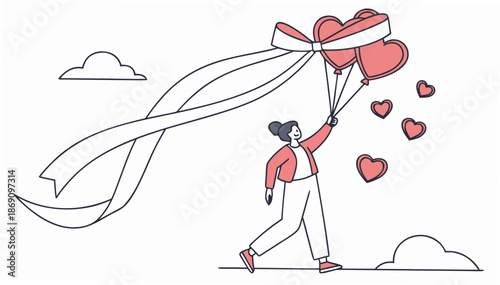Woman joyfully walking with floating heart balloons on a sunny day