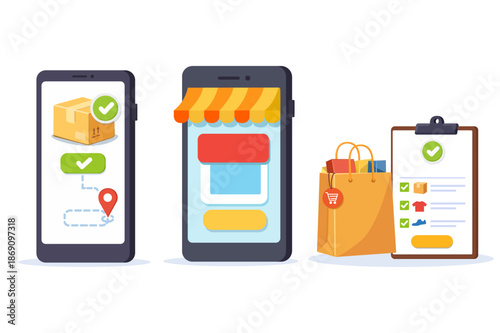Vector flat illustration of mobile online shopping concept featuring smartphones with storefront awning, delivery tracking map, package boxes, shopping bags, and order completion checklist. Ideal for 