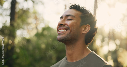 Fotografía Thinking, smile or man in nature with hiking, fresh air or inspiration on trekking journey