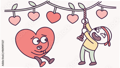 Cartoon heart character being pulled by joyful kid with hearts
