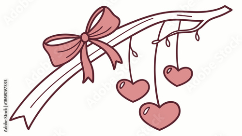 Charming pink hearts hanging from ribbon bow on branch