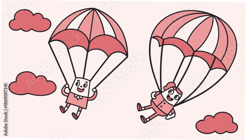 Two happy cartoon characters parachuting through sky with pink clouds