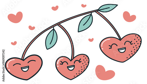 Smiling heart cherries with leaves on white background