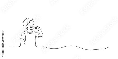 Hand drawn single line illustration of a young boy brushing his teeth. Line art style with clean and minimalist outline, representing oral hygiene, dental care, and healthy daily routine for children.