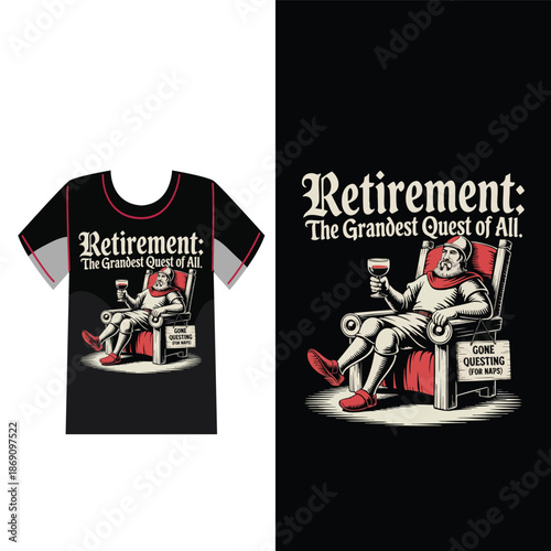 Retirement T-Shirt Design: Depicting a seasoned gentleman in repose, comfortably seated with drink, this t-shirt design epitomizes the grandeur of retirement.