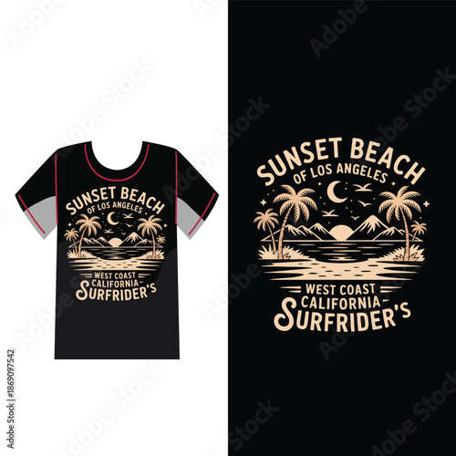 Coastal Vibes Tee Design: A stylish graphic design with a vibrant illustration of a coastal sunset scene, perfect for beach lovers and surfers alike, capturing the essence of the West Coast