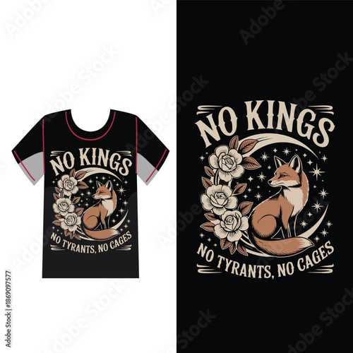 No Kings T-shirt Design: A striking t-shirt design displays a majestic fox, intertwined with elegant roses and a thought-provoking message of freedom. 