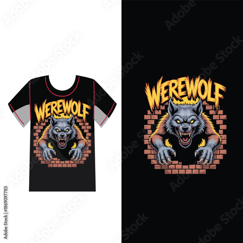 Werewolf Graphic Design: A dynamic graphic design showcasing a menacing werewolf emerging from a brick wall, perfect for apparel and creative projects. 