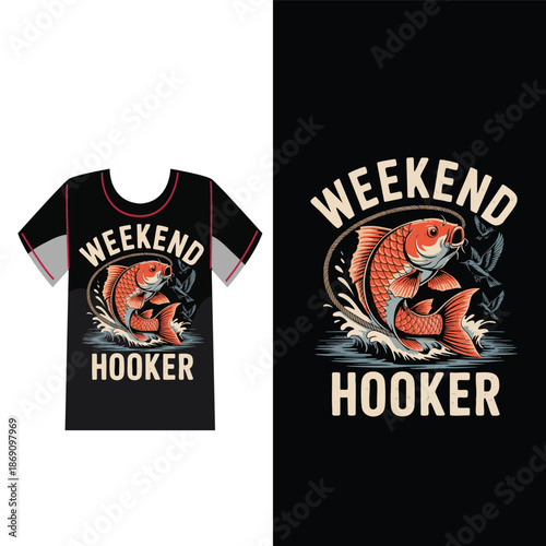 Weekend Hooker Tee Design: A visually captivating tee design perfect for weekend enthusiasts, this stylish piece features a bold illustration of a koi fish.