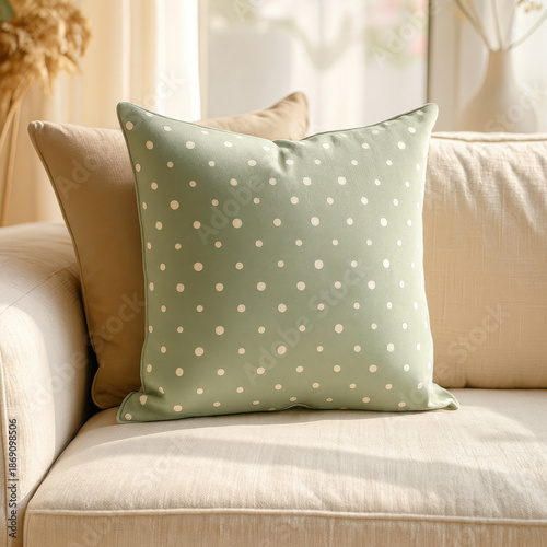 Green Polka Dot Throw Pillow on Beige Sofa