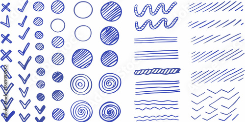 Collection of hand drawn blue scribble shapes lines and spirals on white background