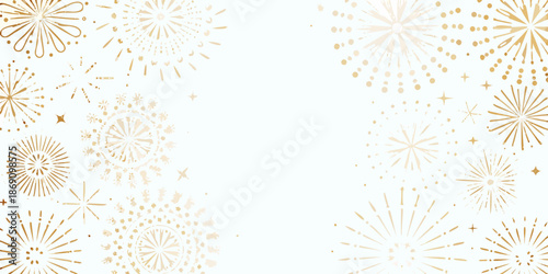 Golden firework patterns and sparkles create a festive and celebratory background