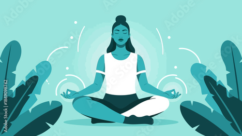 Serene woman meditating peacefully in a lotus position surrounded by leaves